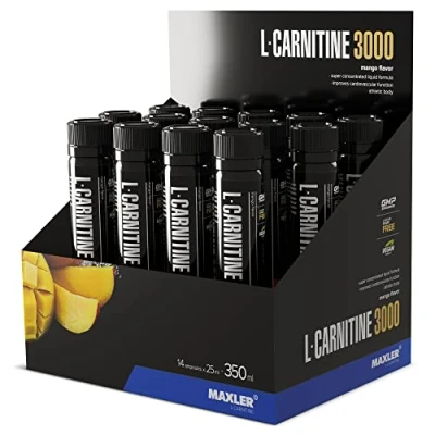 Abbildung von Maxler L Carnitine 3000 Mango 14x25ml Hochdosiertes Carnitin Liquid Vegane Nahrungsergänzuing 3000mg Wirksotff pro Portion 14 Portionen Inklusive Messbecher