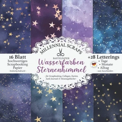 Abbildung von Bastelpapier Wasserfarben Sternenhimmel für Scrapbooking, Collagen, Karten, Junk Journals &amp; Reisetagebücher : Decoupage DIY Papier Zubehör I Mit Letterings Zum Basteln: Journal Deko Inspo