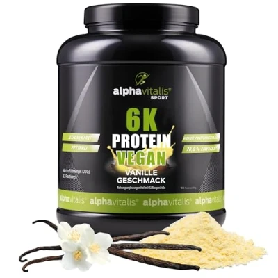 Abbildung von PROTEINPULVER vegan Vanille 6K Mehrkomponentenprotein 1 Kg pflanzlicher Eiweiß Shake zuckerfrei fettfrei laktosefrei hoher Proteingehalt ideal zum Kochen und Backen Eiweißpulver