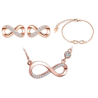 Abbildung von Yumilok Damen Halskette mit Unendlichkeit Symbol Armkette Ohrstecker Schmuck Sets für Frauen Mädchen Roségold