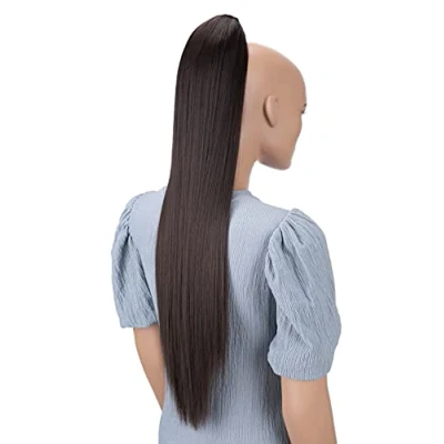 Abbildung von CAISHA 70cm Extralang Clip On Haarteil Zopf Pferdeschwanz Hitzebeständig Synthetik Glatt Braun H160