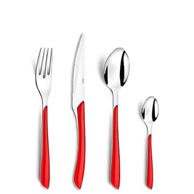 Abbildung von Amefa ECLAT Besteck Set Rot Essbesteck 24 teilig für 6 Personen Edelstahl rostfrei hochwertige Kunststoff Griffschalen spülmaschinenfest Campingbesteck