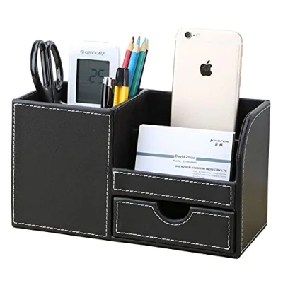 Abbildung von KINGFOM Büro Schreibtisch Organizer Ordnungssystem 4 Speicherabteil PU Leder Stiftebox Stifteköcher Bürobedarf (Schwarz)