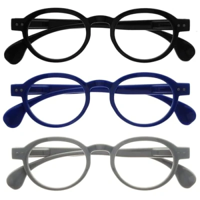Abbildung von OPULIZE OCA Lesebrille 3er Pack Moderne Runde Retro Fassung Schwarz Blau Grau Herren Damen Federscharniere RRR54 137 +2.50