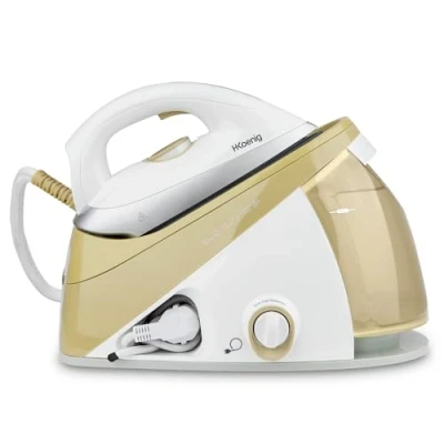 Abbildung von H.Koenig V28 hochdruck Dampfbügelstation / gleichbleibender Dampfausstoß: max 150 g/min Keramik Spezialsohle horizontale und vertikale Dampfstoßfunktion 6 bar 1,1 Liter Kapazität gold