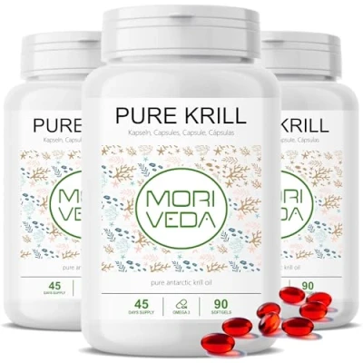 Abbildung von Krillöl Kapseln 1000mg PURE Krill Öl für 135 Tage mit Astaxanthin Omega 3 6 EPA DHA Cholin Phospholipide Moriveda 3x 90