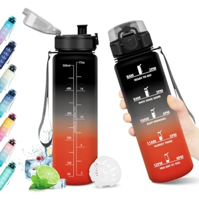Abbildung von Wasserflasche 1L, mit Filter, Motivierende Trinkflasche, Auslaufsicher und Zeitmarkierung, BPA frei, für Sport, Schule, Fitnessstudio, Wandern, Fahrrad, Outdoor, Yoga