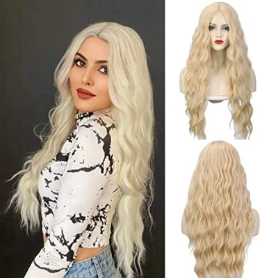 Abbildung von Lange Platinblonde Haar Perücke ATAYOU Langes Gewelltes Lockiges Blond Kleines Lace Front Synthetische Hellblonde Wig Für Dägliches Cosplay (Blonde@600)