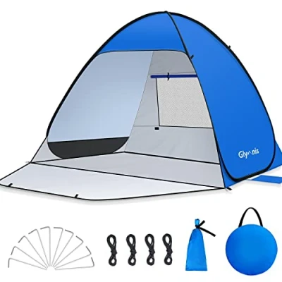 Abbildung von Glymnis Strandmuschel Pop Up Strandzelt Strand Zelt mit Reißverschlusstür UV Schutz 50+ Windschutz kleines Packmaß Blau