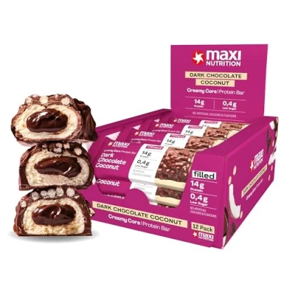 Abbildung von MaxiNutrition Creamy Core Bar Dark Chocolate Coconut, 12x45g Filled Protein Riegel, 32% Eiweißgehalt 14g je low Sugar (1g), ohne Zuckerzusatz, künstliche Aromen