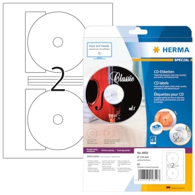 Abbildung von HERMA 4850 CD DVD Etiketten inkl. Zentrierhilfe für Inkjet Drucker, 25 Blatt, Ø 116 mm MAXI, 2 pro A4 Bogen, 50 Stück, selbstklebend, bedruckbar, matt, blanko Papier Klebeetiketten Aufkleber, weiß