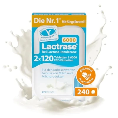 Abbildung von pro natura Lactrase 6000 2x120 Lactase Tabletten bei Lactose Intoleranz, für den unbeschwerten Genuss von Milch und Milchprodukten