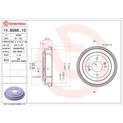 Abbildung von BREMBO 14.B986.10 Bremstrommel 203,2 HYUNDAI: i20 I Hatchback