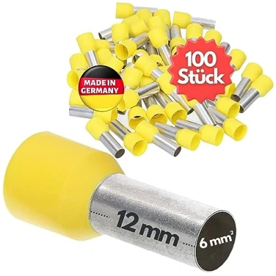 Abbildung von 100 Stück Kalitec AE612GE Aderendhülsen isoliert 6,0mm² 12mm lang gelb I Made in Germany Industriequalität