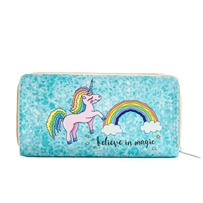 Abbildung von DonDon Geldbörse Damen mit Reißverschluss Portemonnaie Geldbeutel Kinder Mädchen Einhorn Unicorn Muster Believe in Magic