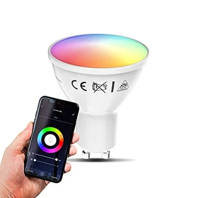 Abbildung von B.K.Licht Smart Home LED Lampe GU10 via App und Sprachsteuerung, buntes RGB Licht, 5,5 Watt, 350 Lumen, Glühbirne, Leuchtmittel, Birne, Glühlampen, Bulb, 5x5,6 cm, Weiß