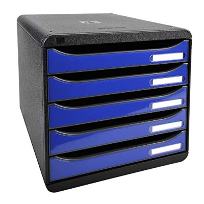 Abbildung von Exacompta 3097203D Premium Ablagebox mit 5 Schubladen für DIN A4+ Dokumente. Stapelbare Schubladenbox hoher Kapazität mehr Platz auf dem Schreibtisch Big Box Iderama SchwarzKönigsblau