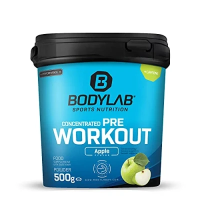 Abbildung von Bodylab24 Concentrated Pre Workout Booster Grüner Apfel 500g, Energy mit Kreatin, Beta Alanin, Arginin, Niacin und Koffein im optimalen Verhältnis für mehr Power Energie Training