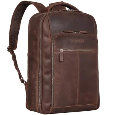 Abbildung von STILORD &#039;Gustav&#039; Leder Rucksack mit Laptop Fach 15 16 Zoll für Damen u. Herren vielen Fächern ideal Büro Uni Arbeit oder Freizeit Reise groß Echtleder, Farbe:sapelli braun
