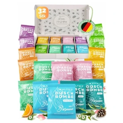 Abbildung von WALTZ 7 Original Duschbomben, 32 Stück Monatspackung Aromatherapie, Wellness Geschenkset für Frauen, Männer, Geburtstagsgeschenk Freundin, Mama, Papa, Geschenkbox, Partner Geschenk Idee