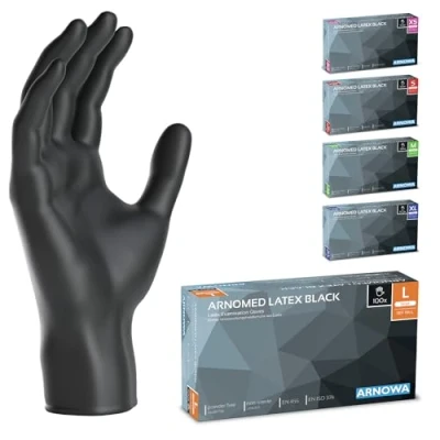 Abbildung von ARNOMED 100x Einweghandschuhe L, Latexhandschuhe Schwarz (1x100 Stk) puderfrei, Handschuhe Latex Einweg, Putzhandschuhe, Handschuhe, Einmal /Einweg XS, S, M, L &amp; XL