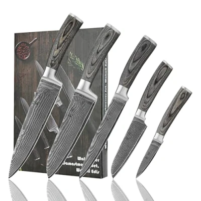 Abbildung von Wakoli Edis 5er Profi Damastmesser Set I 8 bis 20 cm Klingen gefertigt aus 67 Lagen Damaststahl mit Griffen Pakkaholz Scharfes Küchenmesser und edles Kochmesser