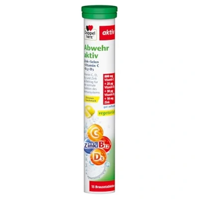 Abbildung von Doppelherz Abwehr aktiv Zink + Selen Vitamin C B12 D3 als Beitrag für die normale Funktion des Immunsystems 15 gut auflösende Brausetabletten mit Zitronen Geschmack