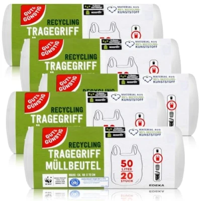 Abbildung von 100 Stück Müllbeutel mit Griff, 50 Liter, 20 pro Rolle, reißfest, flüssigkeitsdicht, Produkt und Verpackung recycelbar, 5 Rollen