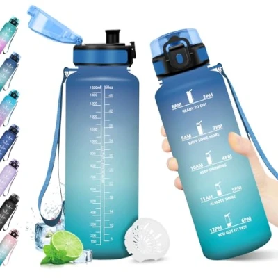 Abbildung von Trinkflasche 1.5L, Auslaufsicher, mit Zeitmarkierung, Sport Wasserflasche Filter, BPA frei, für Gym, Fahrrad, Büro, Outdoor, Erwachsene, Schule, Yoga