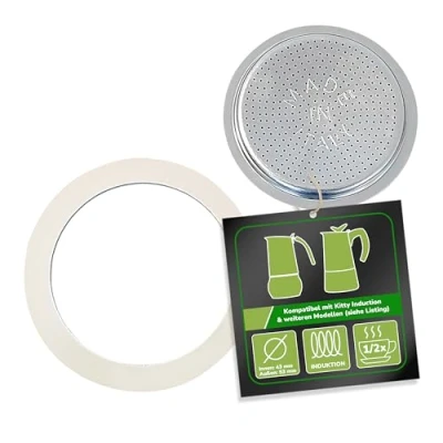 Abbildung von Harren24 Filter und Dichtung für Espressokocher, kompatibel mit Bialetti Espressokanne 1 oder 2 Tassen, Ø außen 53 mm, 5,3 cm, innen 47mm, 4,7 Ersatzdichtung, Dichtungsring