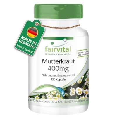 Abbildung von Fairvital Mutterkraut 400 mg 120 Kapseln für 4 Monate Tanacetum parthenium Feverfew 100% vegan Qualitätsgeprüft und hochdosiert Made in Germany