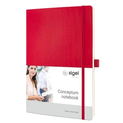 Abbildung von SIGEL CO315 Premium Notizbuch liniert, A4, Softcover, rot, aus nachhaltigem Papier Conceptum mit Seitenzahlen, Inhaltsverzeichnis, Stiftschlaufe, Falttasche
