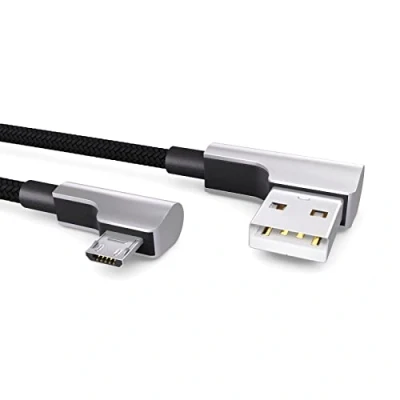 Abbildung von PAXO 0,3m Nylon Micro USB Kabel schwarz, 90 Grad Winkelstecker, auf Mikro Ladekabel, Datenkabel, 2.0