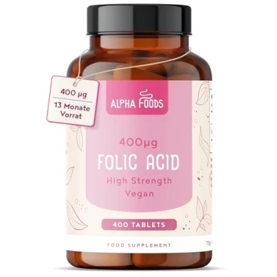 Abbildung von Folsäure 400 Tabletten mcg pro Tablette Schwangerschaft und Kinderwunsch 100% Vegan Hochdosiert ohne unnötige Zusätze Alpha Foods