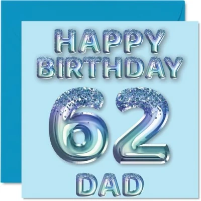 Abbildung von Geburtstagskarte zum 62. Geburtstag für Vater, blaue Glitzer Partyballons, Happy Birthday Karten 62 Jahre alten Vater vom Sohn, Tochter, 145 mm x mm, Geburtstagsgrußkarten, Geschenk