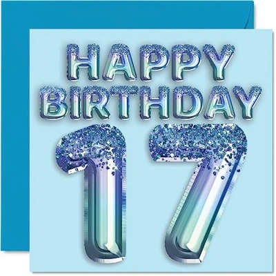 Abbildung von Stuff4 Geburtstagskarte zum 17. Geburtstag für Jungen Blauer Glitzer Partyballon Happy Birthday Karten 17 Jahre alten Jungen, Enkel, Sohn, Bruder, Neffe, 145 mm x