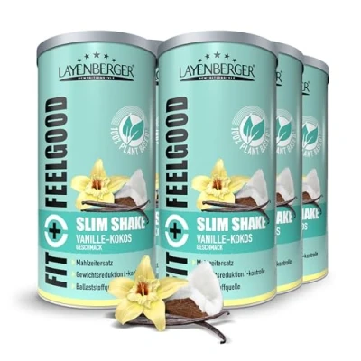 Abbildung von Layenberger Fit+Feelgood Slim Shake Powder vegan Mahlzeitersatz für 72 Portionen, je 204 kcal, (6x 396 g) Vanille Kokos