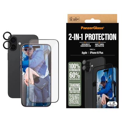 Abbildung von 2er pack Apple iPhone 16 Plus Panzerglas PanzerGlass 2 in 1 Screenprotector en cameraprotector Ultra Wide Fit Anti Bacterial