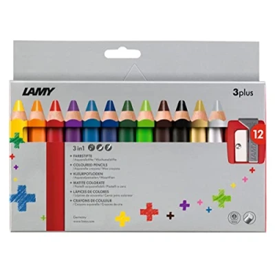Abbildung von Lamy 1223548 3plus Farbstifte 520 12er Set: Faltschachtel mit 12 Farbstiften + Spitzer. Stifte aus Zedernholz ergonomischer Form und hoher Farbbrillanz Extradicke Mine Ø 10 mm, Farbstift 15 mm