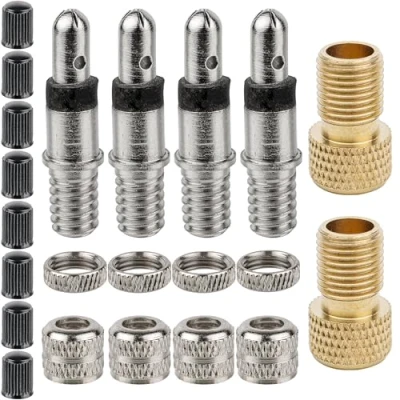 Abbildung von Fahrradventil Ersatz Set, für Dunlop Ventil (DV), mit 22 Teilen, inkl. 4 x Blitzventil, 8 Ventilkappen, 2 DV SV auf AV Adapter, Blitzventil Einsatz, Normalventil, Fahrrad