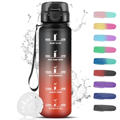 Abbildung von Trinkflasche 1L, Sport mit Filter, Auslaufsicher für Erwachsene, Zeitmarkierung, Motivational Wasserflasche, Wandern, Gym, Camping, Outdoor, Schwarzrot