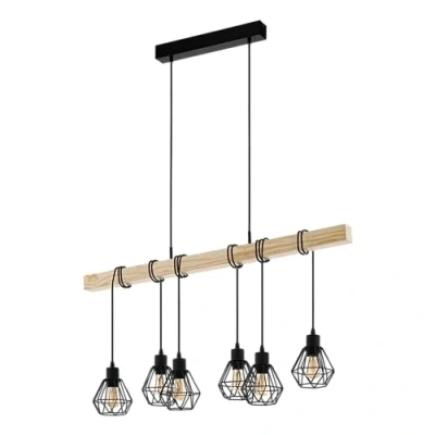 Abbildung von EGLO Pendellampe Townshend 5, 6 flammige Vintage Pendelleuchte im Industrial Design, Retro Hängelampe aus Stahl und Holz, Farbe Schwarz, braun, FSC zertifiziert, E27