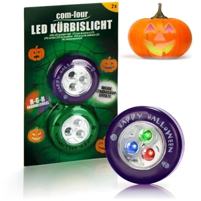 Abbildung von com four® 2x LED Licht für Halloween Farbwechsel, Stroboskop Effekt Blinkende Kürbis Lichter ausgehölte und geschnitzte Kürbisse Lampe (Set grün + lila)