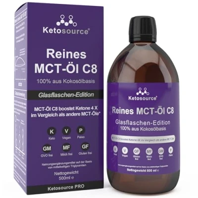 Abbildung von Reines MCT Öl C8 Glasflasche Produziert 4X Ketone im Vergleich als Andere Öle Höchste Reinheit &gt; 99% 100% aus Kokosnuss Unterstützt Keto Diät, Kaffee &amp; Fasten 500 ml Ketosource®
