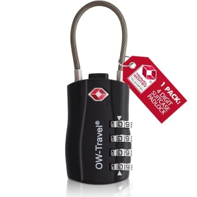 Abbildung von OW Travel Kabelschloss 4 Stellig Zahlenschloss Kofferschloss Vorhängeschloss Gepäckschloss Sicherheitsschloss TSA Lock Cable USA Schloss Zahlencode für Reisekoffer Spind Rucksack Luggage:1 Schwarz