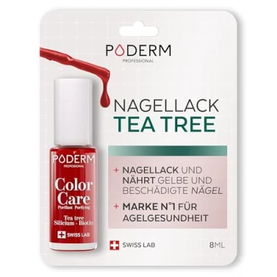 Abbildung von PODERM TEEBAUM NAGELLACK COLOR CARE Kräftiges Rot verbessert das Aussehen für die gelbe oder brüchige Nägel 2 in 1 PFLEGE Hergestellt der Schweiz