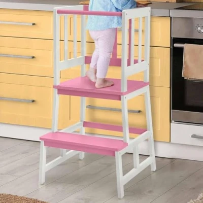 Abbildung von COSYLAND Lernturm für Kinder, Natürlicher Bambus, Stylisch Kippschutz Lernturm, Höchste Sicherheit, Montessori ab 1 Jahr Küche Tisch Bad (Weiß und Rosa)