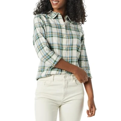 Abbildung von Amazon Essentials Damen Langärmliges leichtes Kariertes Flanellhemd in klassischer Passform, Elfenbein Grün Alpenplaid, S