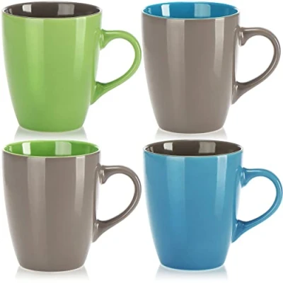 Abbildung von com four® 4x Kaffeetassen aus Keramik Kaffeepott für Kalt und Heißgetränke Kaffee Becher in modernem Design farbige Henkeltasse Trinkbecher 300 ml (04 Stück blau/grün/grau)