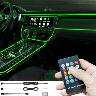 Abbildung von TABEN Auto Umgebungslicht Kit Glasfaser 8 Farben RF Fernbedienung DIY RGB Mehrfarbig Soundaktive Musiksynchronisierung USB Innenraum Atmosphärenbeleuchtung mit Autoladegerät 3 m